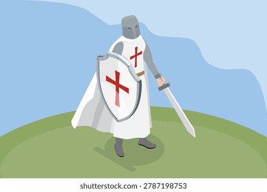 3D Isometric Flat Vector Illustration of Crusader Knight, Templar with Sword And Shield In Dramatic Landscape