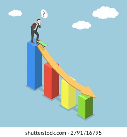 3D Isometric Flat Vector Illustration of Bad Economic Trend, Businessman On Skateboard Ready To Dodge Economic Collapse And Market Crash.