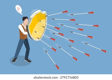 3D Isometric Flat Vector Illustration of Active Defense, Courageous Warrior Shields Himself From Adversities With A Protective Barrier.