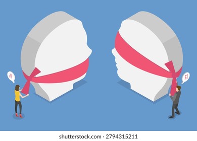 3D Isometric Flat Vector Illustration of Communication Problems, Difficulties Leading To Misunderstandings With Mouth Tied And Blindfolded