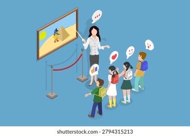 3D Isometric Flat Vector Illustration of Kids In Museum, Children And Friends Explore Museum To Admire Painting.