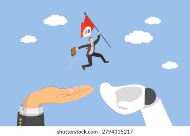 3D Isometric Flat Vector Illustration of AI Transition, Achieving Business Success Through Innovation, From Human To AI Leadership