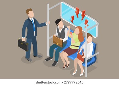 3D Isometric Flat Vector Illustration of Speaking Loudly On Public Transport , Inconsiderate Woman Talks Loudly On Phone, Disregarding Public Transport Etiquette