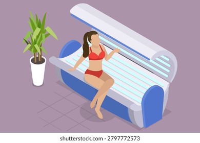 3D Isometric Flat Vector Illustration of Solarium, Woman In Solarium Enjoying The Sunshine