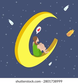 3D Isometric Flat Vector Illustration of Dreaming In Starfall, Woman Gazes At Star-Filled Sky, Seated On Crescent, Wishing On Shooting Stars.
