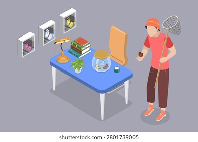 3D Isometric Flat Vector Illustration of Entomologist, Man Catches Butterflies Using A Net For Collecting.