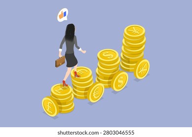 3D Isometric Flat Vector Illustration of Currency Exchange, Woman Walking On Pound, Yen, Euro, And Dollar Currency Symbols