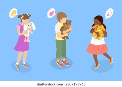 3D Isometric Flat Vector Illustration of Stuffed Toys, Cheerful Child Embracing Adorable Plush