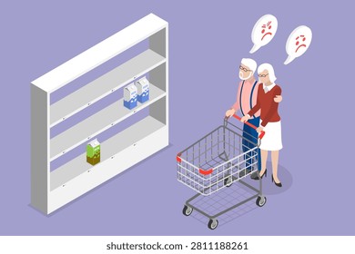 3D Isometric Flat Vector Illustration of Food Insecurity, Elderly Couple In Supermarket Faces Frustration Due To Empty Shelves.
