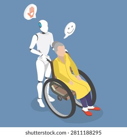 3D Isometric Flat Vector Illustration of Robot Helping A Senior, AI Assisting Wheelchair-Bound Senior, A Concept In Healthcare Robotics, Isolated Environment.