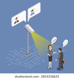 3D Isometric Flat Vector Illustration of Public Surveillance, City Street Surveillance Video Control With Facial Recognition Technology