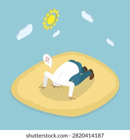 3D Isometric Flat Vector Illustration of Head In The Sand, Man Emulates Ostrich By Burying Head For Denying Problems And Cowardice Concept.