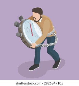 3D Isometric Flat Vector Illustration of Deadline, Depressed Man Chained To Oversized Stopwatch Timer