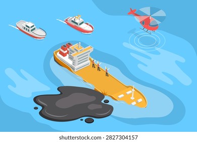 3D Isometric Flat Vector Illustration of Sinking Ship, Rescue Operation Underway For Oil Tanker Accident.