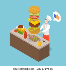 3D Isometric Flat Vector Illustration of Burger Making, Chef Holding Gigantic Burger