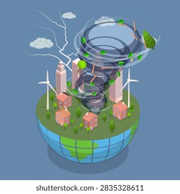 3D Isometric Flat Vector Illustration of Tornado, Destruction By Twisting Tornado In Countryside Natural Disaster
