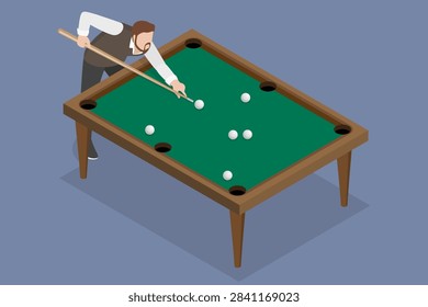 3D Isometric Flat Vector Illustration of Billiard, Man Playing Pool