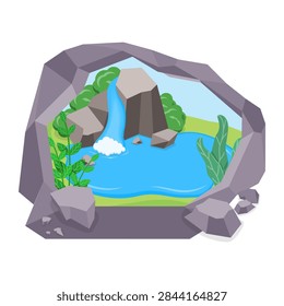 3D Isometric Flat Vector Illustration of Cave From Inside, Panoramic Vista From Stone Cave Entrance. Item 1