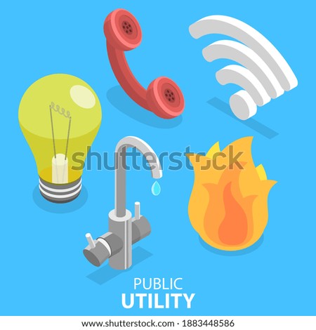 3D Isometric Flat Vector Illustration of Utility Services Icon Set, Electricity, Water, Gas, Wifi, Telephone.