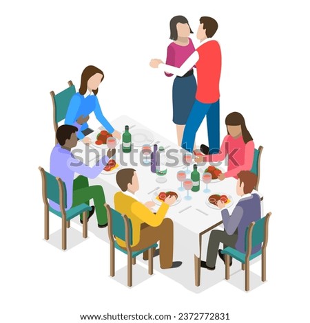 3D Isometric Flat Vector Illustration of Friends Dinner. Item 1