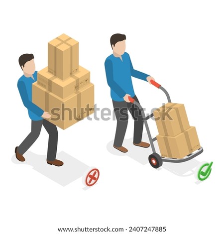 3D Isometric Flat Vector Illustration of How To Carry Heavy Goods, Safe and Incorrect Weights Lifting. Item 1