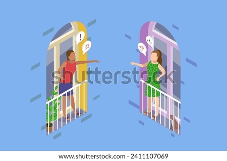 3D Isometric Flat Vector Illustration of Furious Female Neighbors, Conflict Between Residents of a Building