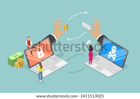 3D Isometric Flat Vector Illustration of Ransomware Data Leaking, Cyber Criminal Stealing Personal Data