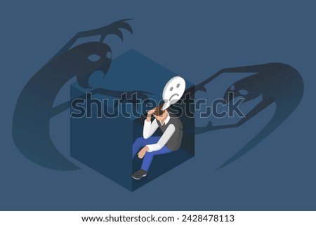 3D Isometric Flat Vector Illustration of Scary and Depressed Person, Anxiety and Phobia