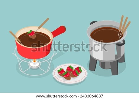 3D Isometric Flat Vector Illustration of Fondue, Cheese or Chocolate Dish Served in a Communal Pot