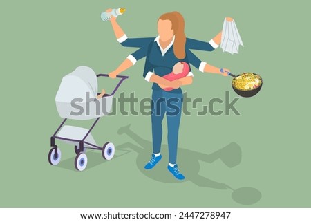 3D Isometric Flat Vector Illustration of Multitasking Mother, Busy Mom with a Bunch of Tasks