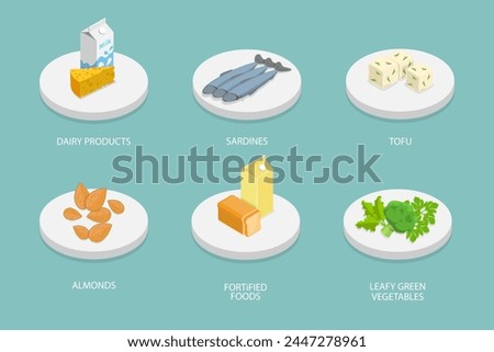 3D Isometric Flat Vector Illustration of Sources Of Calcium, Healthy Lifestyle