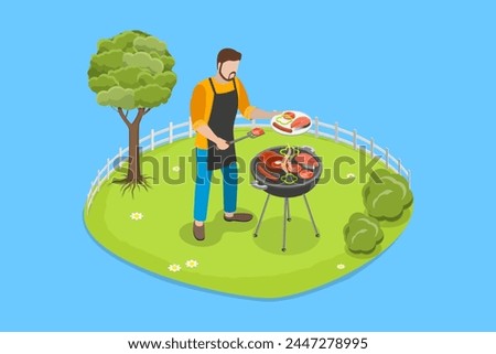 3D Isometric Flat Vector Illustration of Outdoor Activities, Grilled Meat and Vegetables