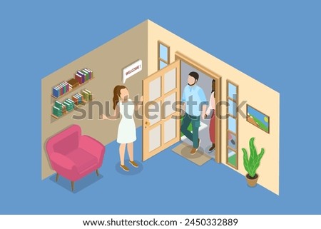 3D Isometric Flat Vector Illustration of Showing Apartment, Guest at a Threshold