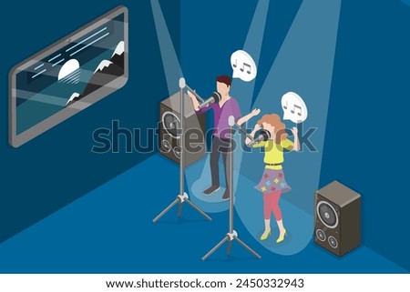 3D Isometric Flat Vector Illustration of People at Karaoke Party, Amateur Singers