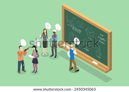 3D Isometric Flat Vector Illustration of Thinking About Solving Problem, Solving a Theorem
