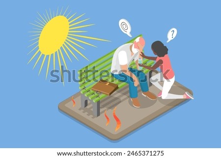 3D Isometric Flat Vector Illustration of Extreme Heat, Strong Sunlight, Hot Summer Day