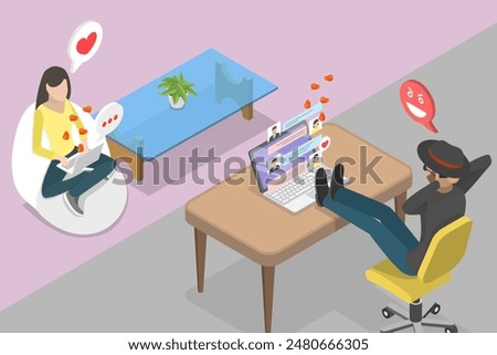 3D Isometric Flat Vector Illustration of Online Fraud, Deception in Online Dating. Internet Scams and Fraud.