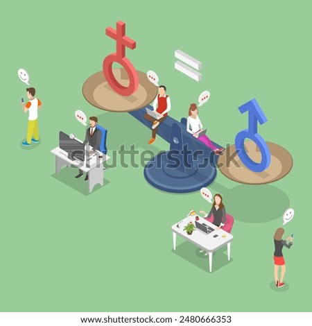 3D Isometric Flat Vector Illustration of Gender Equality, Man and woman collaborating on balanced scales.