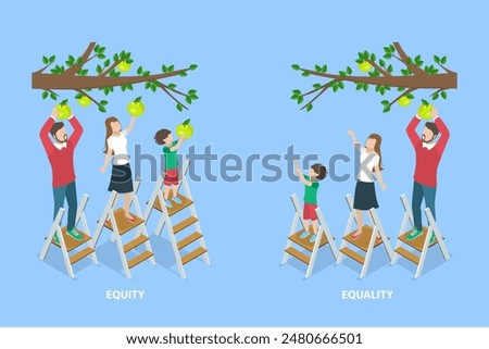 3D Isometric Flat Vector Illustration of Equality And Equity, Justice and Fair Availability System