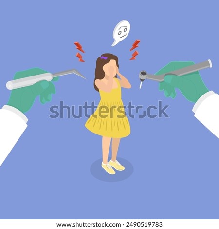 3D Isometric Flat Vector Illustration of Fear of Dentists, Dentaphobia