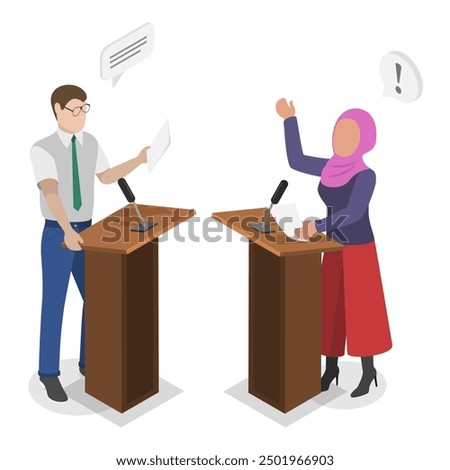 3D Isometric Flat Vector Illustration of Political Debates, Stage Communication with Arguments. Item 1