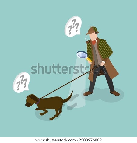 3D Isometric Flat Vector Illustration of Detective With Dog, A Police Inspector with Magnifying Glass Following a Trail