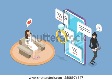 3D Isometric Flat Vector Illustration of Romance Scam, Online Dating Phishing Fraud