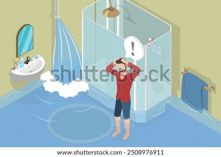 3D Isometric Flat Vector Illustration of Bathroom Flood, Accident and Disaster at Home