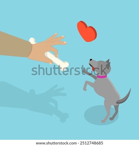3D Isometric Flat Vector Illustration of Giving Treat To Domestic Animal, Feeding and Adorable Puppy