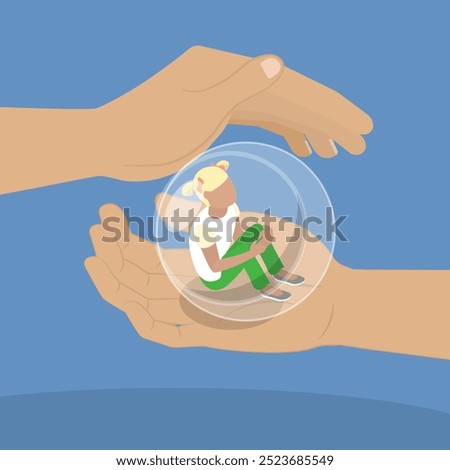 3D Isometric Flat Vector Illustration of Overprotection Of Children, Large Hands Grasp Glass Buble with a Kid Inside