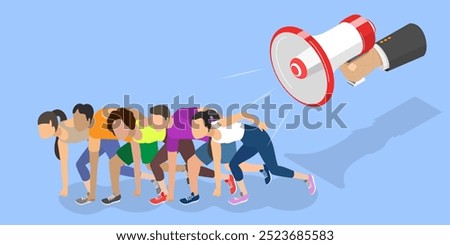 3D Isometric Flat Vector Illustration of Ready To Sprint Run A Marathon , Rivalry Between Colleagues