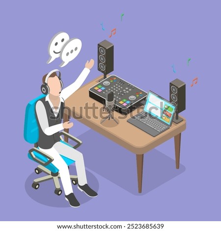 3D Isometric Flat Vector Illustration of Live Broadcast , Man in Headphones Smiling as he Talks on the Radio with Microphone Interacting with Listeners