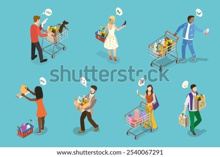 3D Isometric Flat Vector Illustration of Happy Shoppers, People Having Good Time in a Mall or Grocery Store
