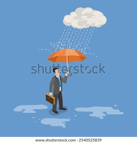 3D Isometric Flat Vector Illustration of Addressing an Issue With Bad Luck, Confident Businessman Shielded From Misfortune